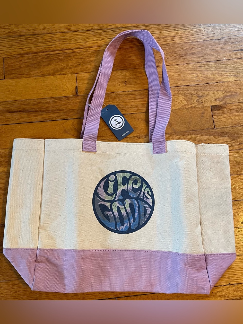 Life Is Good canvas bone color tote with GroovyTie Dye logo NWT inside pocket